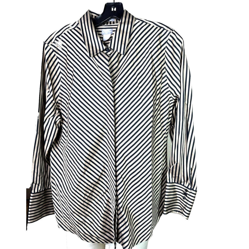 Chico's Shirt Women's 2 US Beige Black Stripe Cotton 3/4 Sleeve Buttonβ Up